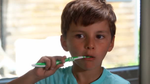 Pequeño niño alegre en camiseta azul está cepillándose los dientes en el baño — Vídeo de stock