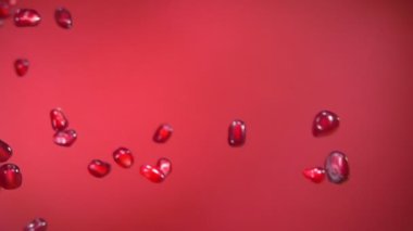 Sulu olgun nar taneleri kırmızı bir zemin üzerinde döner ve döner.