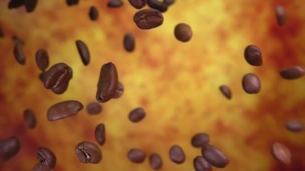 Los granos de café tostados Arabica están volando diagonalmente sobre fondo ocre amarillo — Vídeo de stock
