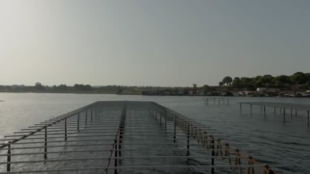 Primo piano tiro aereo di allevamenti di ostriche vicino alla città di Sete sul lago Etang de Thau — Video Stock