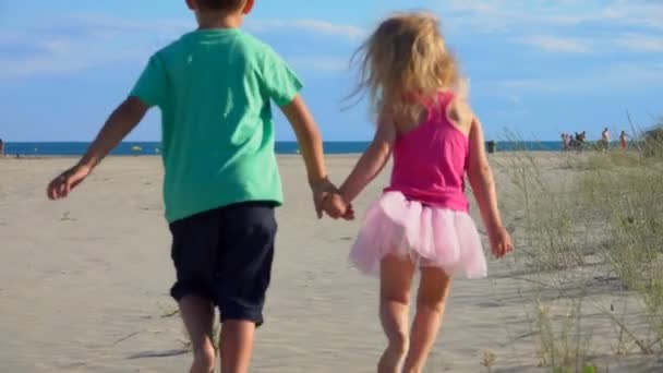 Niño y niña en falda rosa corren por la playa hacia el mar — Vídeos de Stock