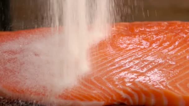 Sal marinho está caindo no grande pedaço de filé de salmão cru — Vídeo de Stock
