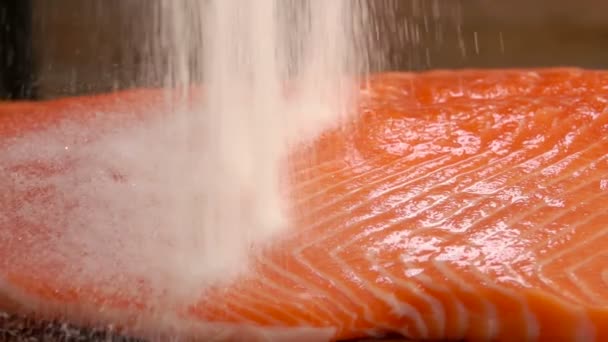 Sea salt is falling on the large piece of raw salmon fillet — Stock Footage Sea salt is falling on the large piece of raw salmon fillet Stock Video