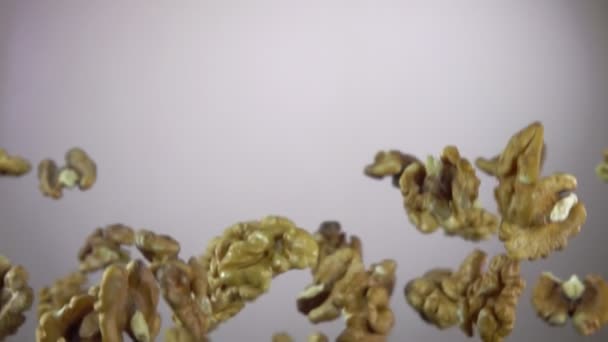 Peeled walnut nuts are bouncing on a white background — Stock Video