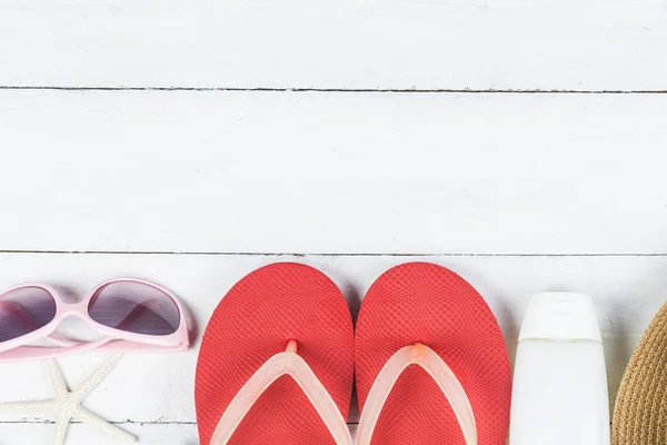 Beach Accessories Bag Towel Sunglasses Flip Flops Wooden Background Top — Stock Photo, Image