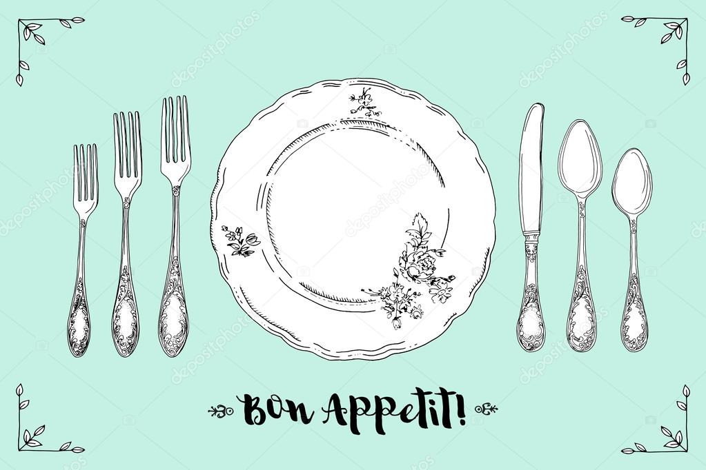 Hand drawn illustration of curly ornamental silver tableware, plate a turquoise background. Table setting set. Hand drawn design element. Sketch, vintage. Vector Illustration