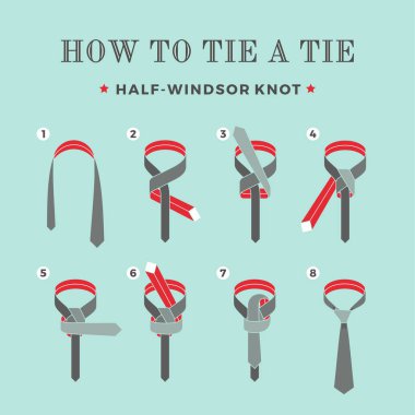 Sekiz adımları turkuaz arka plan üzerinde tie bir yönergeler. Yarı-Windsor düğümü. Vektör çizim.