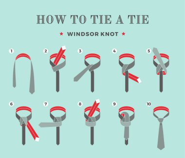 Sekiz adımları turkuaz arka plan üzerinde tie bir yönergeler. Windsor düğümü. Vektör çizim.