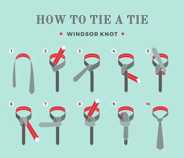 Instructions on how to tie a tie on the turquoise background of the eight steps. Windsor knot . Vector Illustration. — Stock Vector