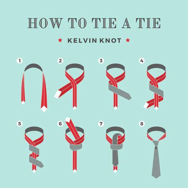 Instructions on how to tie a tie on the turquoise background of the eight steps. Kelvin knot . Vector Illustration. — Stock Vector