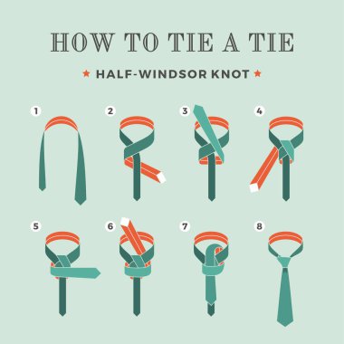 Instructions on how to tie a tie on the turquoise background of the eight steps. Half-Windsor knot . Vector Illustration. clipart