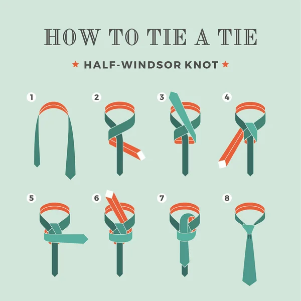 Instrucciones sobre cómo atar un empate en el fondo turquesa de los ocho pasos. Nudo medio Windsor. Ilustración vectorial . — Archivo Imágenes Vectoriales