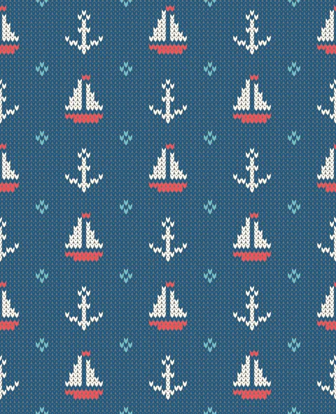 Sea and nautical backgrounds in white, turquoise, red and dark blue colors. Sea theme. Seamless patterns. Woolen knitted texture. Vector Illustration. — Stock Vector