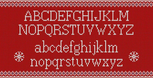 Kerstmis lettertype. Gebreide Latijnse alfabet van naadloos gebreide patroon met sneeuwvlokken en spar. Noordse fair isle breien, winter vakantie trui ontwerp. Vectorillustratie. — Stockvector