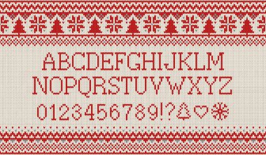 Noel yazı tipi. Kar taneleri ve köknar ile Dikişsiz örgü Desen Örme latin alfabesine. Nordic fair Isle örme, kış tatil süveter tasarım. Vektör çizim.