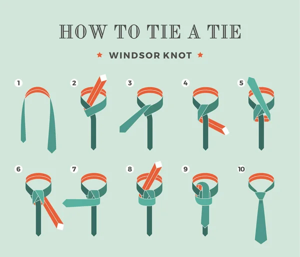 Utasításokat, hogyan kell nyakkendőt kötni, a türkiz háttér a nyolc lépés. Windsor csomót. Vektoros illusztráció. — Stock Vector