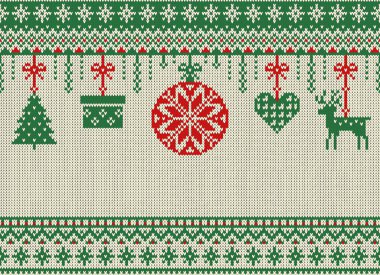 Neşeli Noel ve yeni yıl Dikişsiz örgü desen Noel topları, kar taneleri ve köknar ile. İskandinav tarzı. Kış tatili kazak tasarım. Vektör çizim.