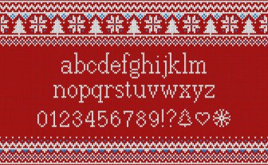 Noel yazı tipi. Kar taneleri ve köknar ile Dikişsiz örgü Desen Örme latin alfabesine. Nordic fair Isle örme, kış tatil süveter tasarım. Vektör çizim.