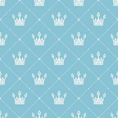 Seamless modeli ile turkuaz bir arka plan üzerinde beyaz bir taç retro tarzı. Kullanılabilir duvar kağıdı, desen dolgularını, web sayfası arka planı, yüzey dokuları için. Vektör çizim.