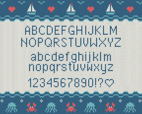 Fonte Sea knitted. Alphabet latin tricoté sur fond de motifs de thème de la mer. Texture tricotée en laine. Pull Nordic Fair Isle design. Illustration vectorielle . — Image vectorielle