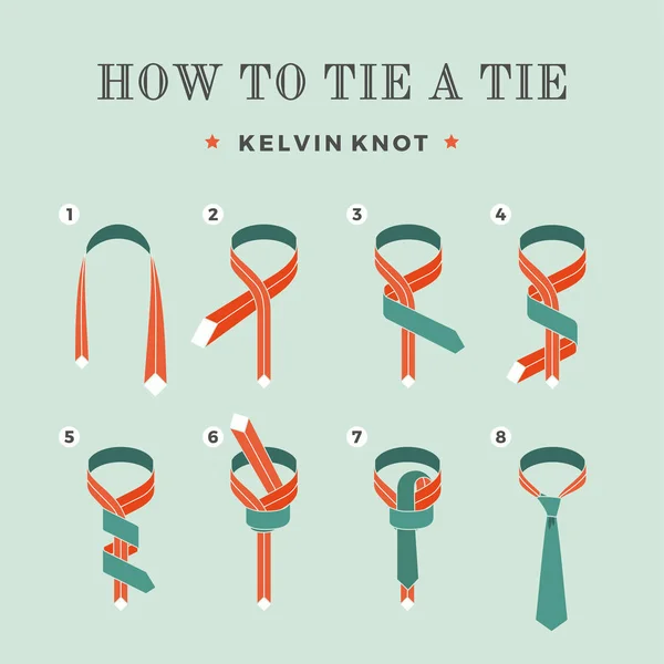 Instructions on how to tie a tie on the turquoise background of the eight steps. Kelvin knot . Vector Illustration. — Stock Vector