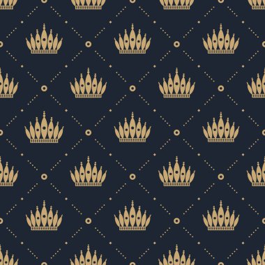 Seamless modeli ile mavi bir arka plan üzerinde altın bir taç retro tarzı. Kullanılabilir duvar kağıdı, desen dolgularını, web sayfası arka planı, yüzey dokuları için. Vektör çizim.