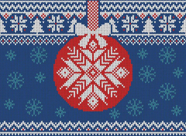 Frohe Weihnachten und Neujahr nahtlos gestrickt mit Weihnachtskugeln, Schneeflocken und Tanne. skandinavischen Stil. Winterurlaub Pullover Design. Vektorillustration. — Stockvektor