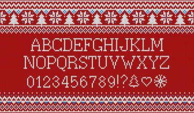 Noel yazı tipi. Kar taneleri ve köknar ile Dikişsiz örgü Desen Örme latin alfabesine. Nordic fair Isle örme, kış tatil süveter tasarım. Vektör çizim.