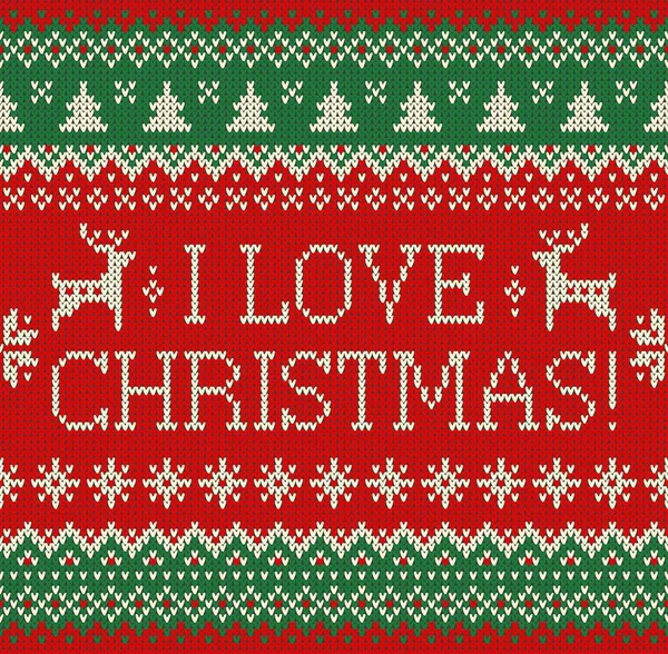 God jul och nyår sömlös stickad mönster med bokstäver jag älskar julen, rådjur, snöflingor och fir. Skandinavisk stil. Sportlovet tröja Design. Vektorillustration. — Stock vektor