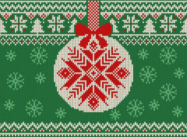 メリー クリスマスと新年のシームレスなニット パターン クリスマス ボール、雪モミと。北欧スタイル。冬の休日のセーターのデザイン。ベクトル図. — ストックベクタ