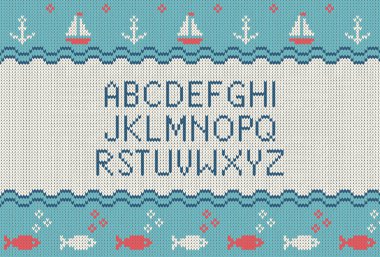 Deniz örme yazı tipi. Deniz tema desenler arka plan örme latin alfabesine. Doku örme yün. Nordic Fair Isle kazak tasarım. Vektör çizim.