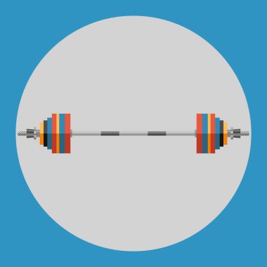 Halter simgesi. Mavi bir arka plan üzerinde renkli halter. Spor malzemeleri. Vektör çizim.