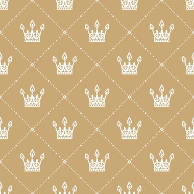 Seamless modeli ile altın arka plan üzerinde beyaz bir taç retro tarzı. Kullanılabilir duvar kağıdı, desen dolgularını, web sayfası arka planı, yüzey dokuları için. Vektör çizim.