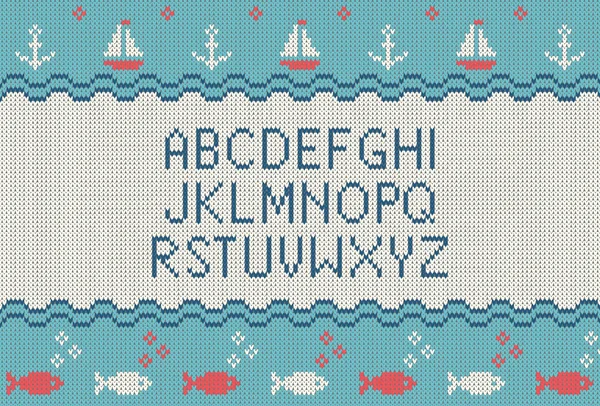 Meer gestrickte Schrift. Gestricktes lateinisches Alphabet auf Meeresmotiv-Mustern Hintergrund. Wolle gestrickte Textur. Nordic Fair Isle Pullover Design. Vektorillustration. — Stockvektor