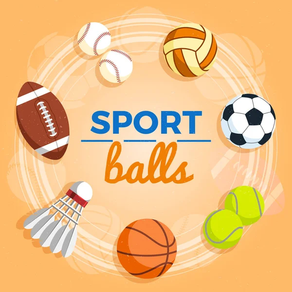 Set of colorful sport balls at a yellow background. Balls for rugby, volleyball, basketball, football, baseball, tennis and badminton shuttlecock. Vector Illustration.