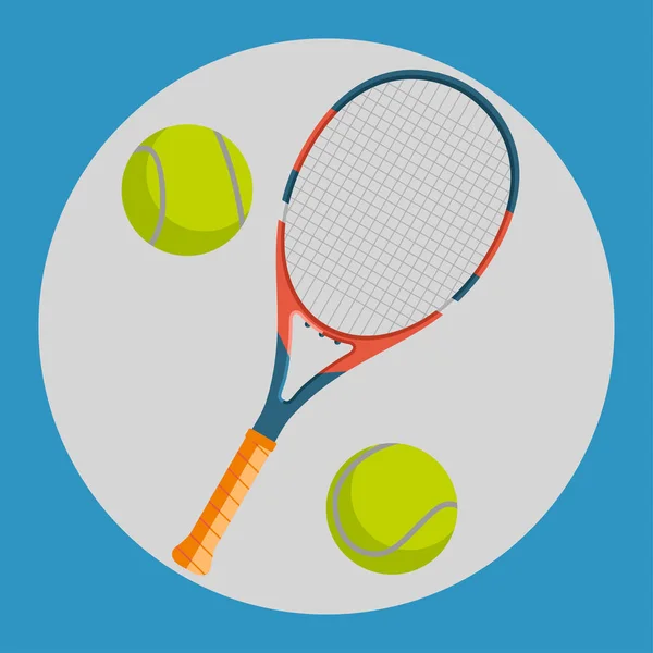 Icono de raqueta de tenis. Colorida raqueta de tenis y dos pelotas de tenis amarillas sobre un fondo azul. Equipamiento deportivo. Ilustración vectorial . — Vector de stock