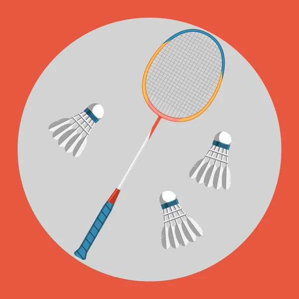 Badminton rakieta ikona. Kolorowe badminton rakieta i trzy badminton lotki na czerwonym tle. Sprzęt sportowy. Ilustracja wektorowa. — Wektor stockowy