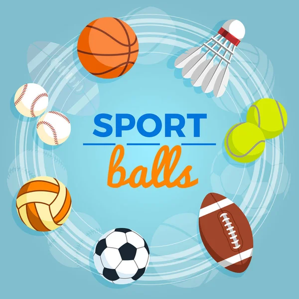 Ensemble de balles de sport colorées sur un fond bleu. Balles de rugby, volley-ball, basket-ball, football, baseball, tennis et badminton. Illustration vectorielle . — Image vectorielle