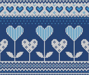 Tatil Sevgililer günü temalı resim Norveççe ve fairisle desenleri ile Seamless modeli. Kalpler-çiçek mavi bir arka plan üzerinde. Yün doku ördü. Vektör çizim.