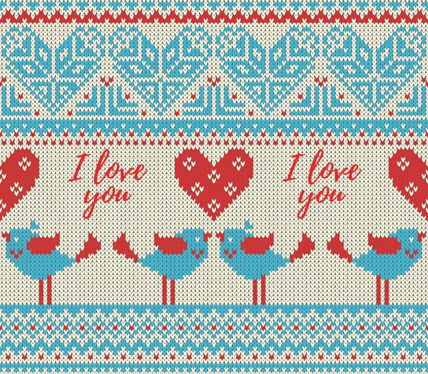 노르웨이 fairisle 패턴의 이미지와 함께 휴일 발렌타인의 테마에 완벽 한 패턴입니다. 심장, 키스, 밝은 배경에 당신을 사랑 하는 비문에에서 새... 울 니트 — 스톡 벡터