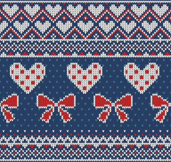 Nahtlose Muster zum Thema des Feiertags Valentinstag mit einem Bild der norwegischen und fairrisle Muster. rote und weiße Schleifen und Herzen auf blauem Hintergrund. Wolle gestrickt Textur. Vektor — Stockvektor