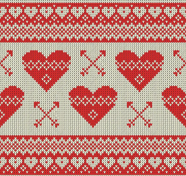 Nahtlose Muster zum Thema des Feiertags Valentinstag mit einem Bild der norwegischen und fairrisle Muster. Herzen und Pfeile auf hellem Hintergrund. Wolle gestrickt Textur. Vektorillustration. — Stockvektor