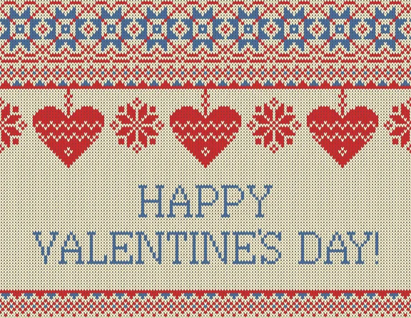 Bezproblémové vzorek na téma Svátek Valentines den s obrazem, norština a fairisle vzorů. Srdce visí na luky na světlém pozadí. Nápis Happy Valentines den. Vlna — Stockový vektor