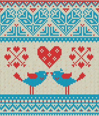 Dikişsiz desen tatil Sevgililer günü temalı Norveççe ve fairisle desenleri bir görüntü. Kalp, kuşlar bir öpücük, hafif bir arka plan üzerinde oklar. Yün doku ördü. Vektör Illust