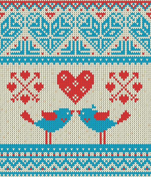 Nahtloses Muster zum Thema des Feiertags Valentinstag mit einem Bild der norwegischen und fairrisle Muster. Herz, Vögel im Kuss, Pfeile auf hellem Hintergrund. Wolle gestrickt Textur. Vektorunlust — Stockvektor