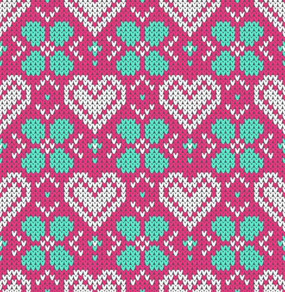 Modèle sans couture sur le thème de la Saint-Valentin des vacances avec une image des motifs norvégiens et fairisle. Coeurs blancs sur fond rose. Texture tricotée en laine. Illustration vectorielle . — Image vectorielle
