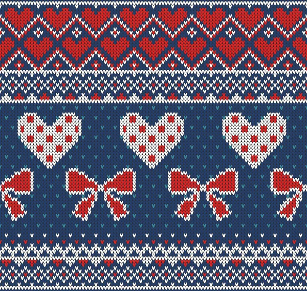 Nahtloses Muster zum Thema des Feiertags Valentinstag mit einem Bild der norwegischen und fairrisle Muster. rote, weiße Schleifen und Herzen auf blauem Hintergrund. Wolle gestrickt Textur. Vektor illustratio — Stockvektor
