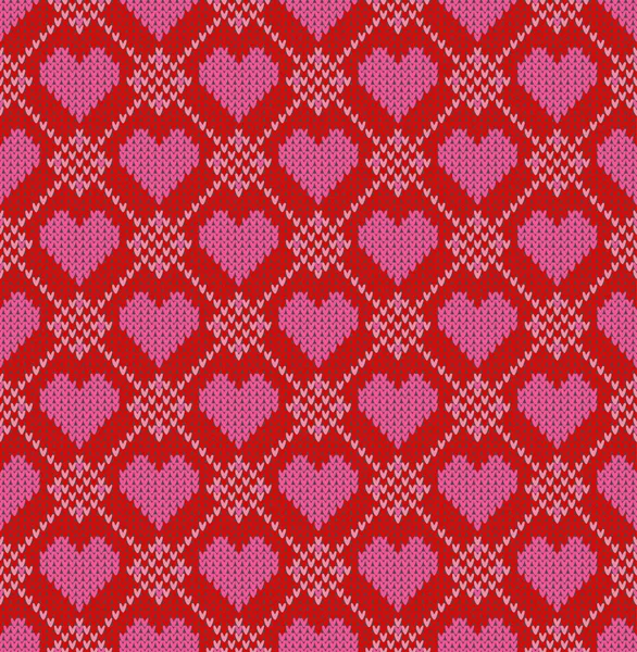 Nahtloses Muster zum Thema des Feiertags Valentinstag mit einem Bild der norwegischen und fairrisle Muster. rosa Herzen auf rotem Hintergrund. Wolle gestrickt Textur. Vektorillustration. — Stockvektor