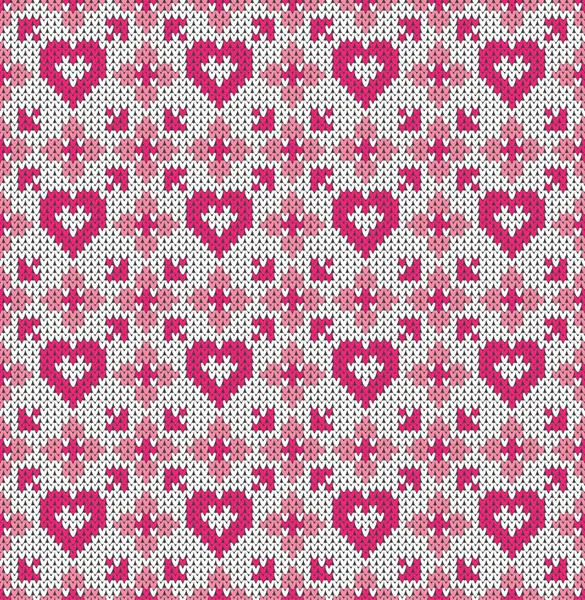 Padrão sem costura sobre o tema do feriado Dia dos Namorados com uma imagem dos padrões noruegueses e fairisle. Corações cor-de-rosa num fundo branco. Lã textura de malha. Ilustração vetorial . — Vetor de Stock