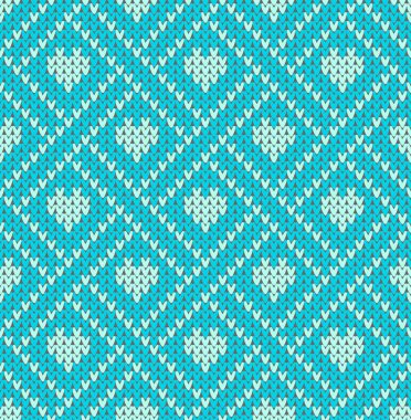 Dikişsiz desen tatil Sevgililer günü temalı Norveççe ve fairisle desenleri bir görüntü. Turkuaz bir arka plan üzerinde ışık kalpler. Yün doku ördü. Vektör çizim.